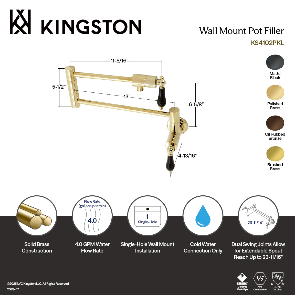 Kingston Tulare KS4102PKL - Duchess Two-Handle 1-Hole Wall Mount Pot Filler Faucet, Polished Brass — image 1